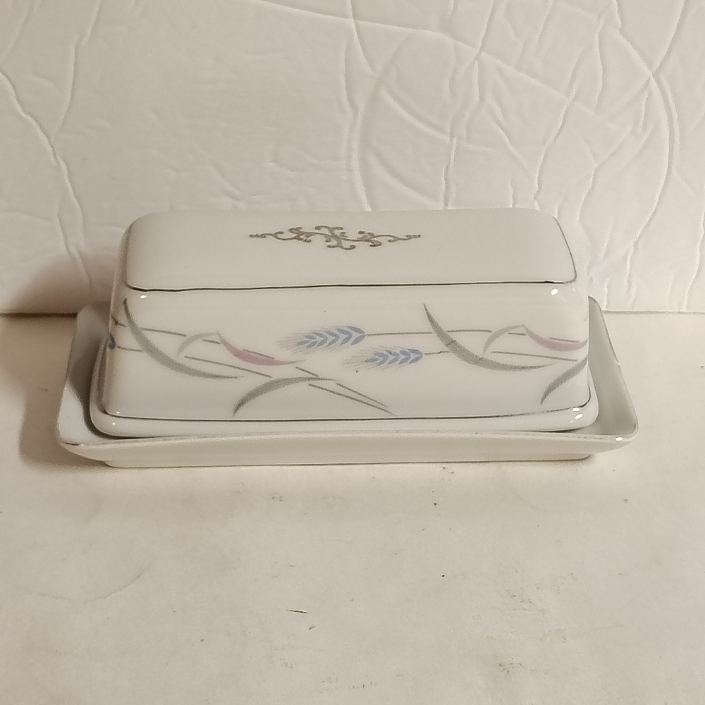 Vintage Valmont China Covered Butter Dish Royal Wheat 2pc Purple Blue 6 1/2"